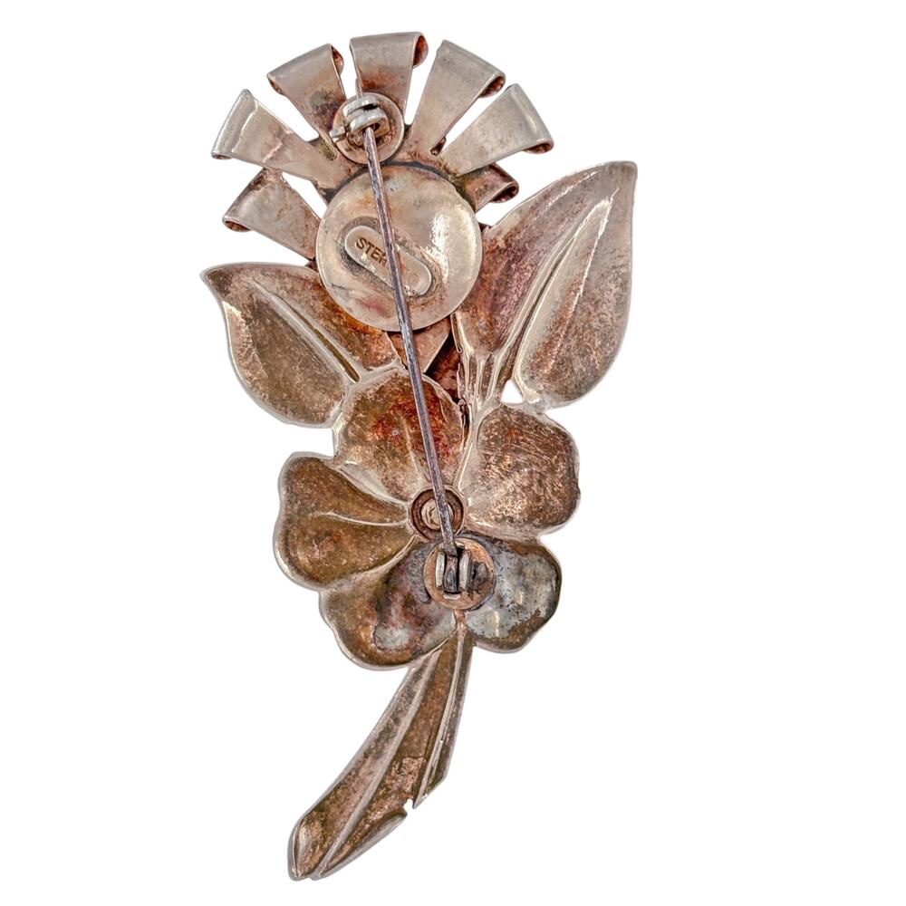 Vintage Rose Gold Vermeil Sterling 925 Silver Double Flower Brooch - Picture 4 of 9